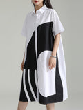 Momentlover Split-Joint Contrast Color Asymmetric Short Sleeves Loose Lapel Shirt Dress Midi Dresses