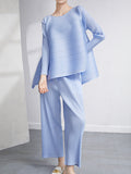 Momentlover Loose Pleated Solid Color High-Low Round-Neck T-Shirts  + Pants Two Pieces Set