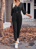 Momentlover Elasticity Belted Long Sleeves V-neck Jumpsuits