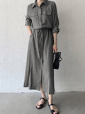 Momentlover Casual A-Line Long Sleeves Bandage Solid Color Lapel Collar Shirt Midi Dresses