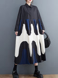 Momentlover Split-Joint Printing Pleated Contrast Color Loose Long Sleeves Polo Midi Dresses