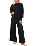 Momentlover Solid Color Long Sleeves Loose Round-Neck Shirts Top + Drawstring Pants Bottom Two Pieces Set