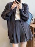 Momentlover Loose Solid Color Long Sleeves Blouse + Pleated Shorts Two Pieces Set