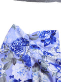 Momentlover Long Sleeves Floral Printed Blouse + Split-Back Solid Color Skirt Two Pieces Set