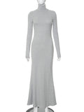 Momentlover Split-Joint Solid Color Long Sleeves Bodycon High Neck Maxi Dresses