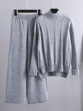 Momentlover Loose Long Sleeves Split-Side Solid High-Low Half Turtleneck Sweater Tops & Wide Leg Pants Two Pieces Set