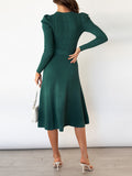 Momentlover Tied Waist Solid Color Long Sleeves High Waisted Round-Neck Sweater Dresses Midi Dresses
