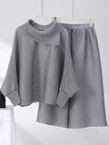 Momentlover Simple Loose Long Sleeves Pleated Solid Color High-Neck T-Shirt Top&Wide Legs Pants Two Pieces Set