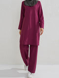 Momentlover Solid Color Long Sleeves Pockets Split-Side Round-Neck Shirts Top + Pants Bottom Two Pieces Set