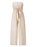 Momentlover Original Cold Shoulder Tied Solid Color Straight Leg Jumpsuits