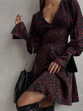 Momentlover Zipper Flower Print Long Sleeves High Waisted Deep V-Neck Mini Dresses