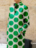 Momentlover Long Sleeves Loose Polka-Dot Split-Side Stand Collar Midi Dresses