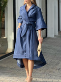 Momentlover High-Low Loose Solid Color V-Neck Maxi Dresses Midi Dresses