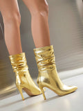 Momentlover Split-Joint Solid Color Snakeskin Printed Pleated Pumps Boots