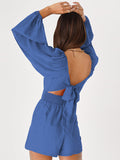 Momentlover Tied Solid Color Elasticity Backless Puff Sleeves Loose Square-Neck Rompers