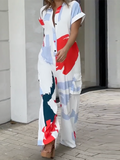 Momentlover Printed Wide Leg Loose Lapel Collar Jumpsuits