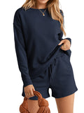 Momentlover Solid Color Long Sleeves Loose Round-Neck Sweatshirt Top + Drawstring Shorts Bottom Two Pieces Set