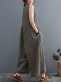 Momentlover Split-Joint Plaid Sleeveless Loose Round-neck Jumpsuits