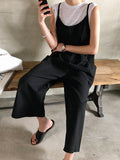 Momentlover Black&Khaki Casual Spaghetti-Neck Loose Wide-Leg Overalls