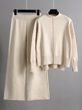 Momentlover Stylish High-Low Long Sleeves Split-Side Solid Half Turtleneck Sweater Tops & Wide Leg Pants Two Pieces Set