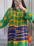 Momentlover Printed Buttoned Loose Long Sleeves Lapel Shirt Dress Maxi Dresses