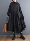 Momentlover Urban Floral Applique Pleated Long Sleeves Shirt Dress Midi Dress