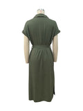 Momentlover Solid Color Ribbed Short Sleeves Loose Lapel Midi Dresses
