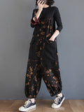 Momentlover Original Floral With Pocket Harem Denim Overalls