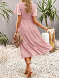 Momentlover Solid Color Elastics Short Sleeves Loose Round-neck Midi Dresses