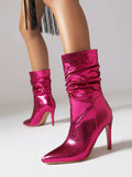 Momentlover Split-Joint Solid Color Snakeskin Printed Pleated Pumps Boots