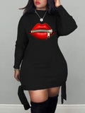 Momentlover Leisure O Neck Lip Print Black Mini Dress AR56129