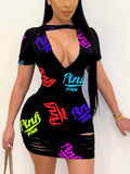 Momentlover Pink Letter Print Cut Out Ripped Bodycon Dress AR5659