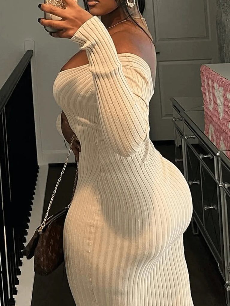 Momentlover BASICS V Neck Rib Knit Bodycon Dress AT969