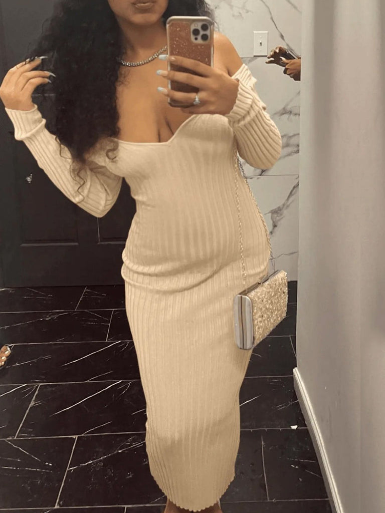 Momentlover BASICS V Neck Rib Knit Bodycon Dress AT969