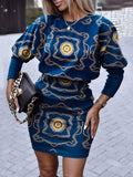 Momentlover Plus Size Lantern Sleeve Chain Print Bodycon Dress AC2677