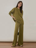 Momentlover Urban Loose Solid Round-Neck Vest Top& V-Neck Sweater Tops& Wide Leg Pants Three-Piece Set