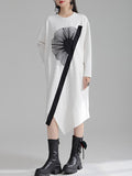Momentlover Three-Dimensional Flower Asymmetric Loose Long Sleeves Round-Neck Midi Dresses