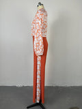 Momentlover Flower Print Long Sleeves Hollow Mock Neck Shirts Top + High Waisted Pants Bottom Two Pieces Set