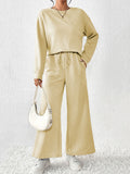 Momentlover Solid Color Long Sleeves Loose Round-Neck Shirts Top + Drawstring Pants Bottom Two Pieces Set