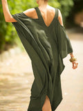 Momentlover Batwing Sleeves Loose Solid Color Cold Shoulder Maxi Dresses
