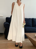 Momentlover Solid Color Sleeveless Loose Round-neck Midi Dresses