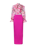 Momentlover Long Sleeves Floral Printed Blouse + Split-Back Solid Color Skirt Two Pieces Set