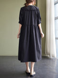 Momentlover Original Loose Solid Color Buttoned Pleated Midi Dress