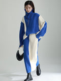 Momentlover Casual Loose Long Sleeves Contrast Color High-Neck Sweater Top&Skirt Two Pieces Set
