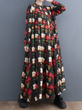 Momentlover Split-Joint Flower Print Buttoned Loose Long Sleeves Round-neck Midi Dresses