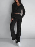 Momentlover Elasticity Solid Color Long Sleeves Hooded Zipper V-neck Outerwear Top + High Waisted Pants Bottom Two Pieces Set