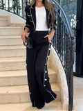 Momentlover Long Sleeves Solid Color Lapel Blazer & Pants Two Pieces Set