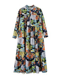 Momentlover Long Sleeves Loose Floral Printed Round-Neck Midi Dresses