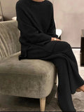 Momentlover Urban Loose Solid Round-Neck Split-Side Sweater& Wide Leg Pants Suits
