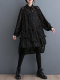 Momentlover Tasseled Split-side Split-Joint Solid Color Flower Print Buttoned Loose Long Sleeves Lapel Midi Dresses